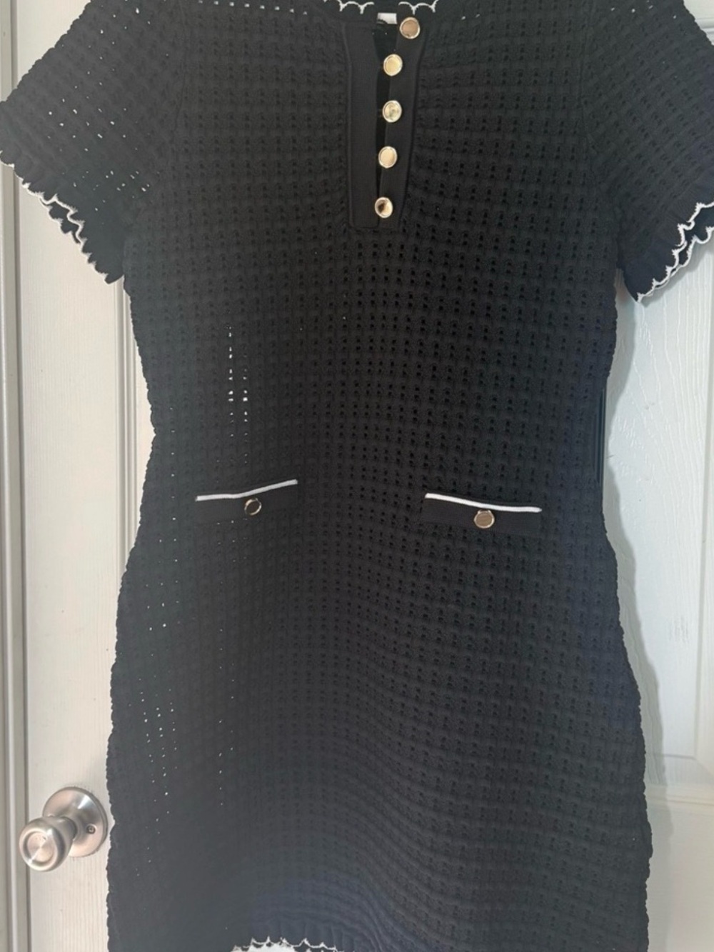Black Knit Short Sleeve Mini Dress with Gold Buttons